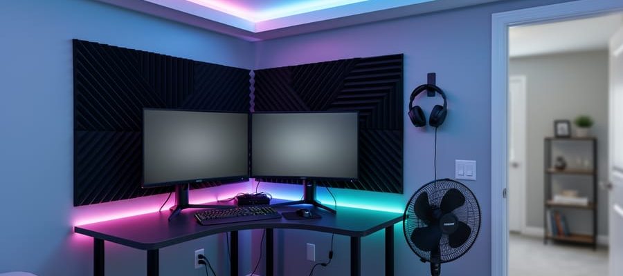 Corner view of a small DIY gaming room with dual monitors, RGB LED backlighting, black acoustic foam panels, a wall-mounted headset, tidy cable raceways, and a floor fan, with a softly blurred doorway and shelving in the background.