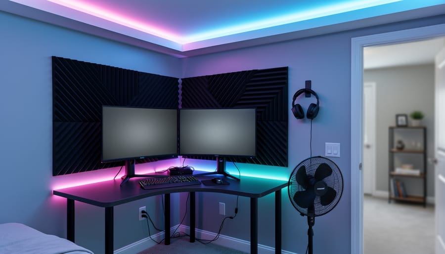 Corner view of a small DIY gaming room with dual monitors, RGB LED backlighting, black acoustic foam panels, a wall-mounted headset, tidy cable raceways, and a floor fan, with a softly blurred doorway and shelving in the background.