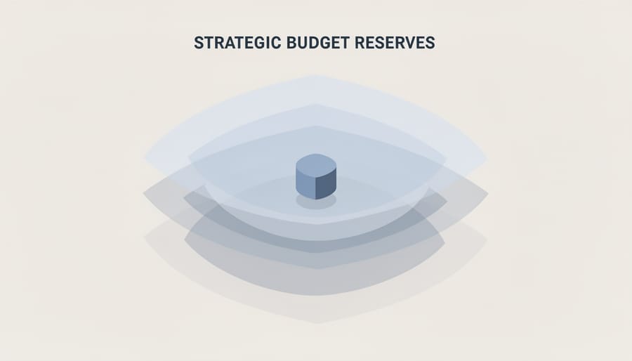 Wooden blocks stacked in two piles on construction blueprints representing budget reserves