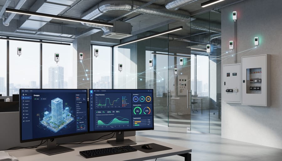 Sustainable building with solar panels and IoT sensors at sunset