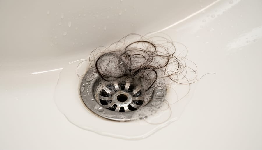 Bathroom sink drain showing hair and soap scum buildup