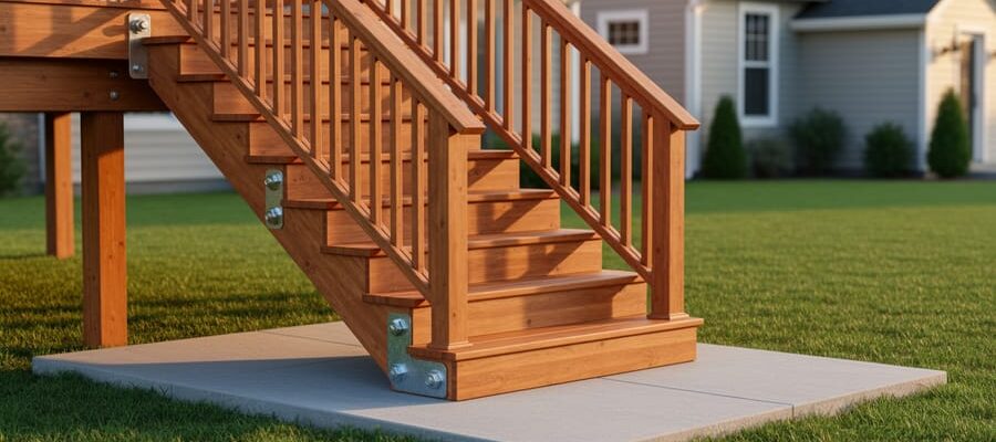 Newly built wooden deck stairs with handrail and evenly spaced balusters, metal stringer hangers and bolts visible at the deck connection, leading to a concrete landing pad in a suburban backyard at golden hour.