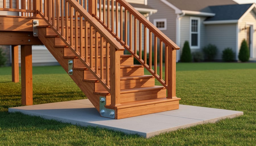 Newly built wooden deck stairs with handrail and evenly spaced balusters, metal stringer hangers and bolts visible at the deck connection, leading to a concrete landing pad in a suburban backyard at golden hour.