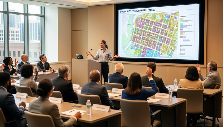 Community members participating in public planning meeting with raised hands