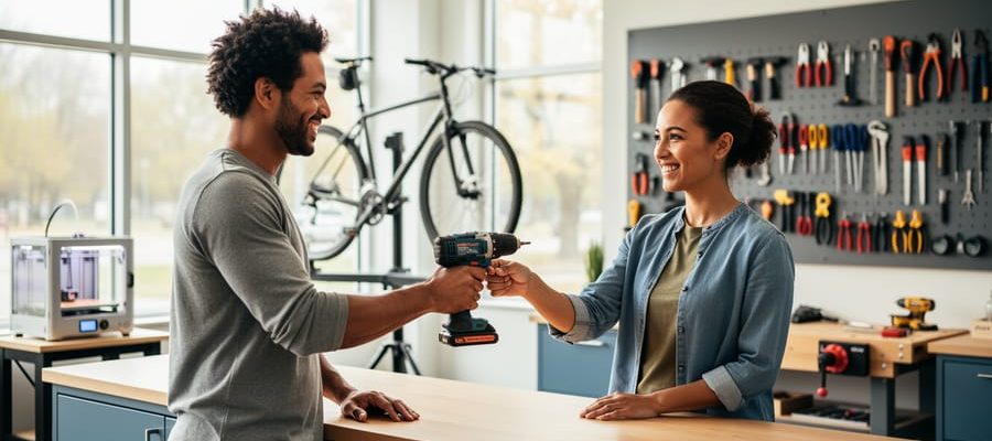 Two people exchanging a cordless drill at a community tool library counter, with neatly organized tools and workshop stations softly blurred in the background under natural daylight.