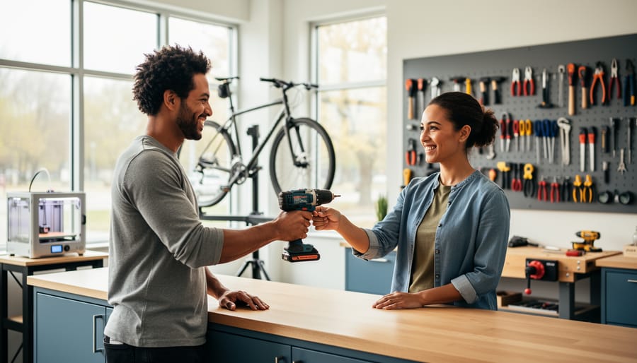 Two people exchanging a cordless drill at a community tool library counter, with neatly organized tools and workshop stations softly blurred in the background under natural daylight.