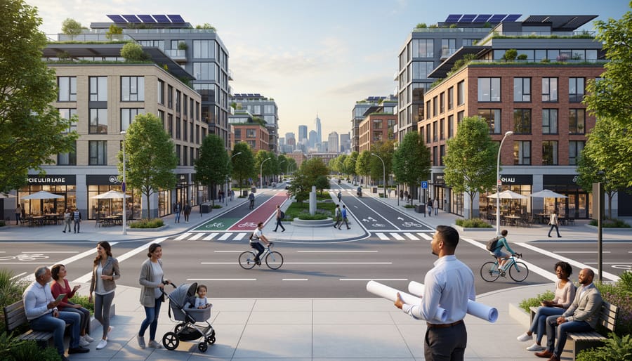 Aerial view of completed mixed-use urban development with parks and residential areas