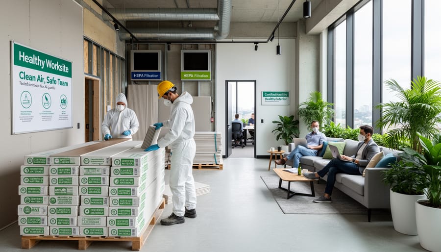 Hands in protective gloves arranging eco-certified building material samples on work surface