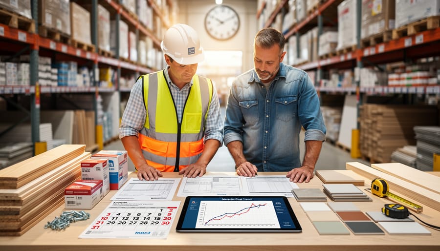 Construction materials including lumber and steel beams stored in warehouse awaiting delivery