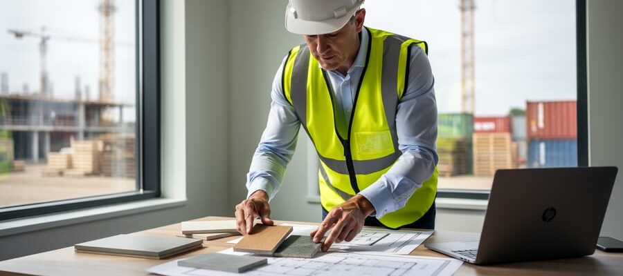 Construction project manager in hard hat reviewing material samples at a site office table, with cranes, pallets, and shipping containers softly blurred outside the window in daylight.