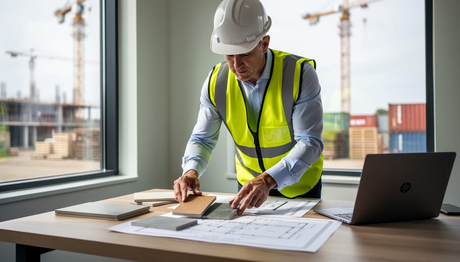 Construction project manager in hard hat reviewing material samples at a site office table, with cranes, pallets, and shipping containers softly blurred outside the window in daylight.