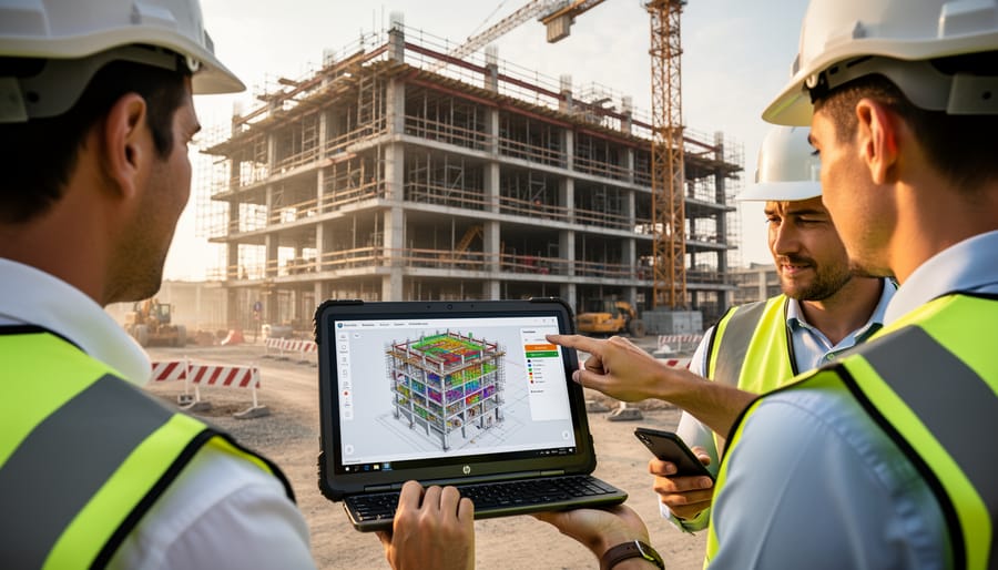Construction worker reviewing digital building model on tablet at construction site