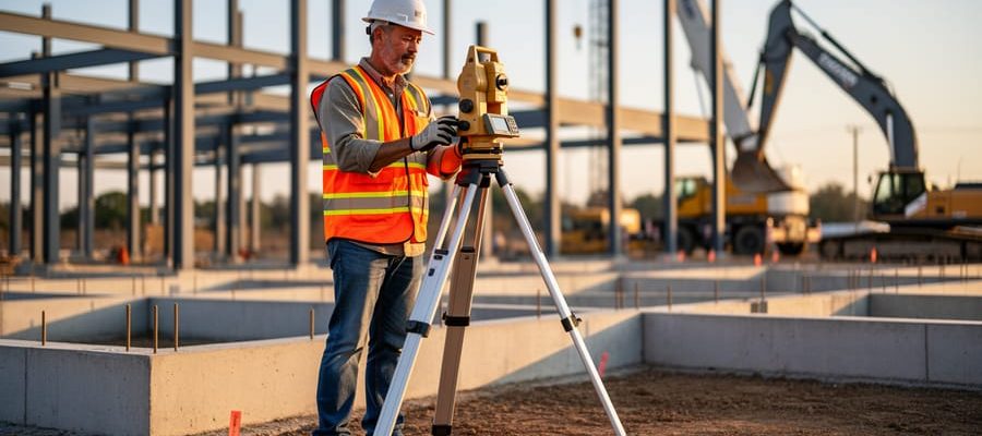 Construction site surveyor in high-visibility vest operating a total station on a tripod, with steel framing, cranes, and ground stakes softly blurred in the background at golden hour.