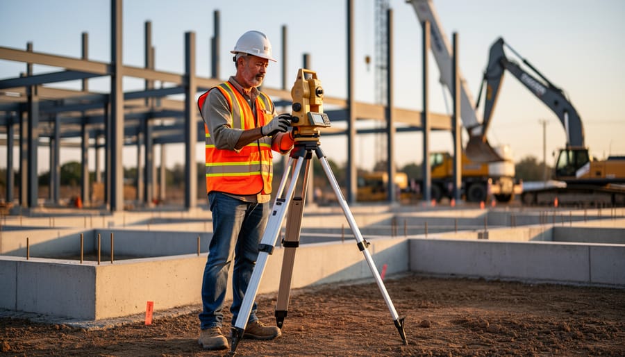 Construction site surveyor in high-visibility vest operating a total station on a tripod, with steel framing, cranes, and ground stakes softly blurred in the background at golden hour.