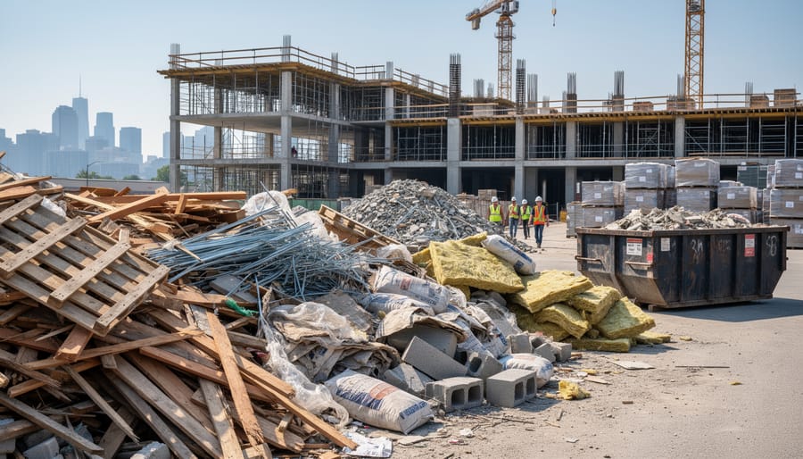 Construction waste including lumber, drywall, and packaging materials piled around skip bin on job site