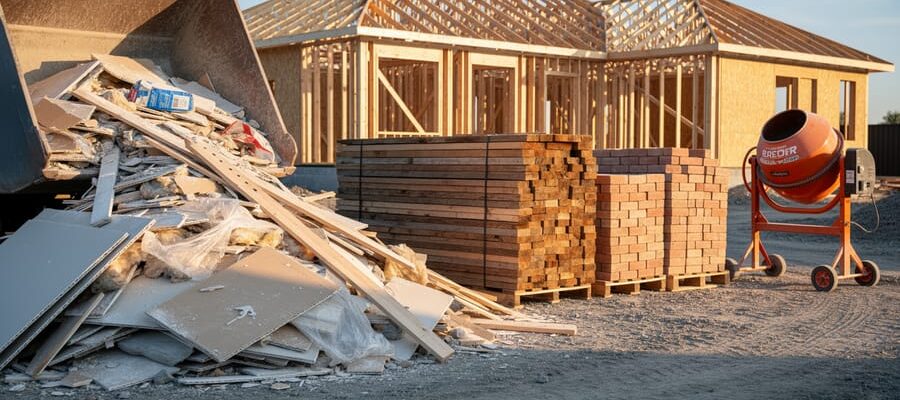 Eye-level wide photo of a construction site with a large pile of mixed debris on the left and neatly stacked reclaimed timber, sorted bricks, and a rental concrete mixer on the right, lit by golden late-afternoon sunlight, with a framed house structure in the background.