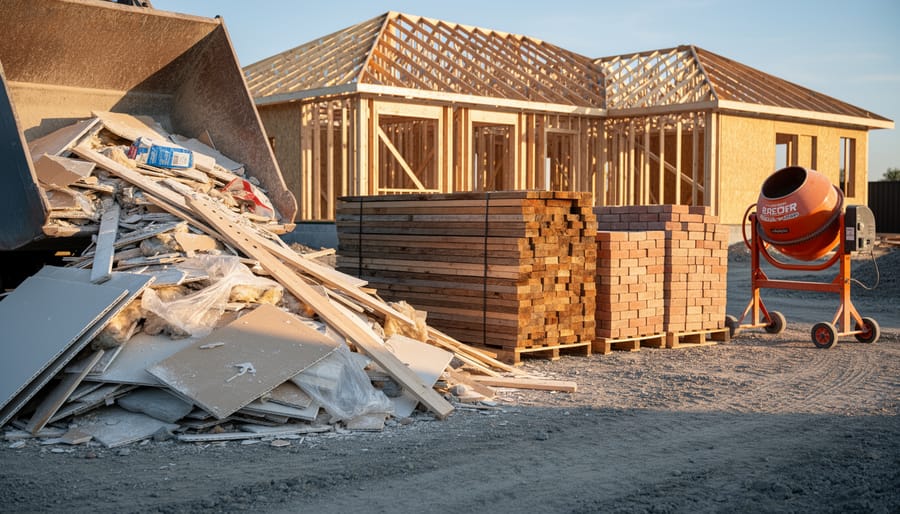 Eye-level wide photo of a construction site with a large pile of mixed debris on the left and neatly stacked reclaimed timber, sorted bricks, and a rental concrete mixer on the right, lit by golden late-afternoon sunlight, with a framed house structure in the background.