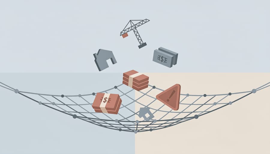 Construction worker's hands holding safety net material against sky