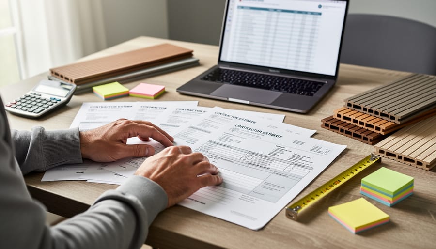 Hands comparing multiple contractor estimates on a wooden desk with a calculator, wood samples, measuring tape, and a blurred laptop spreadsheet, no readable text.