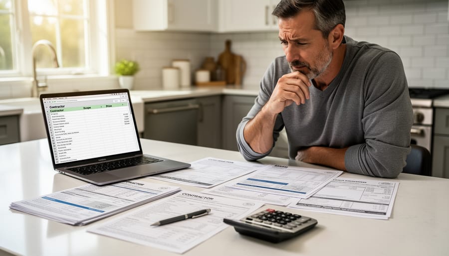 Contractor bid documents spread on wooden desk with calculator