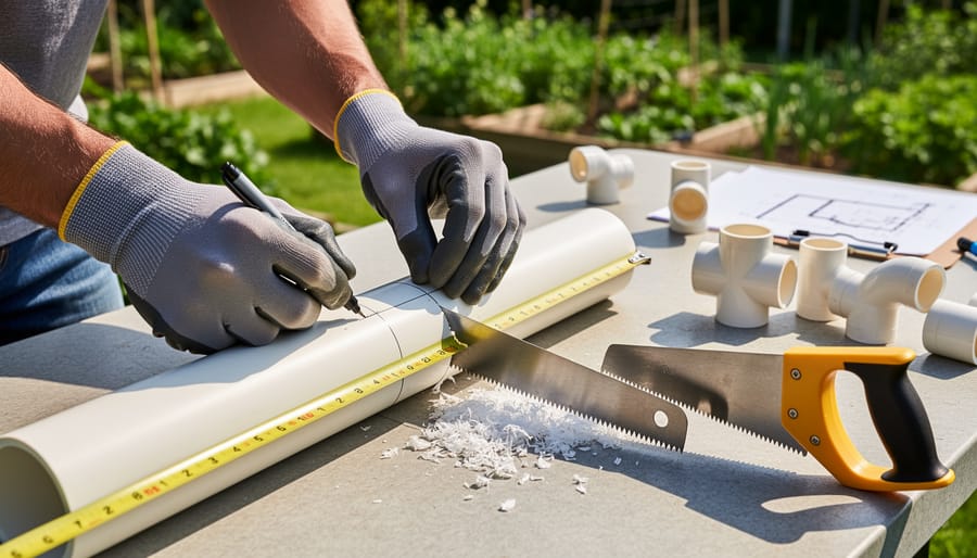 Gardener's hands using PVC pipe cutter to cut white pipe in garden setting