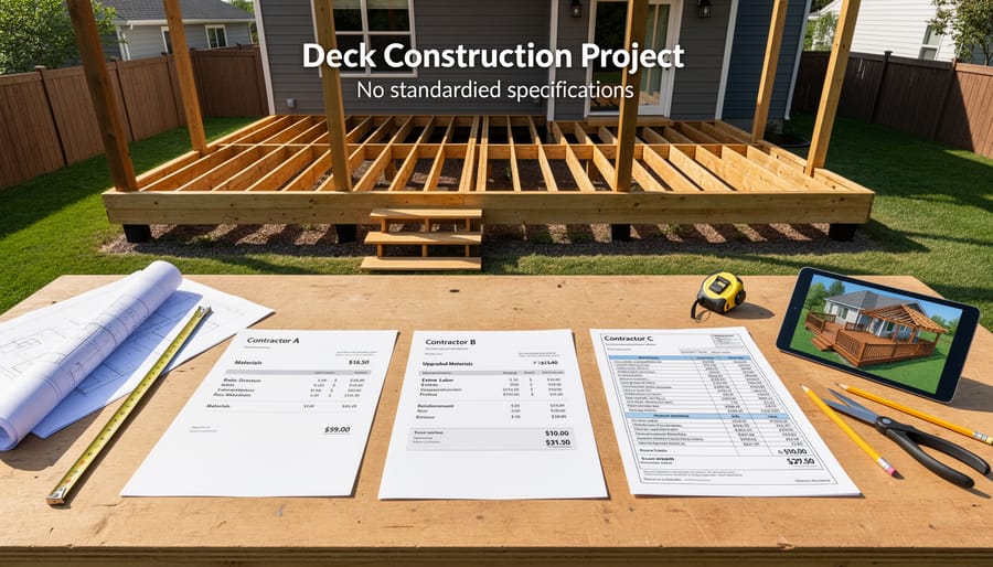 Wooden deck frame under construction showing structural framing and hardware details