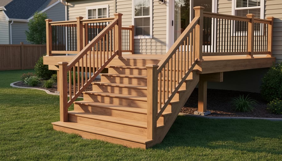 Side view of wooden deck stairs showing uniform tread and riser dimensions