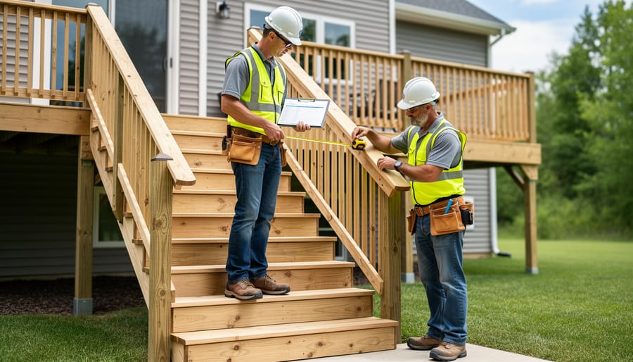 Building inspector examining deck stairs during code compliance inspection