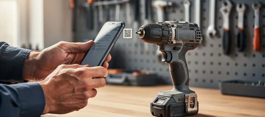 Close-up of hands aiming a smartphone at a cordless drill’s etched QR code tag in a workshop, with blurred pegboard tools in the background.