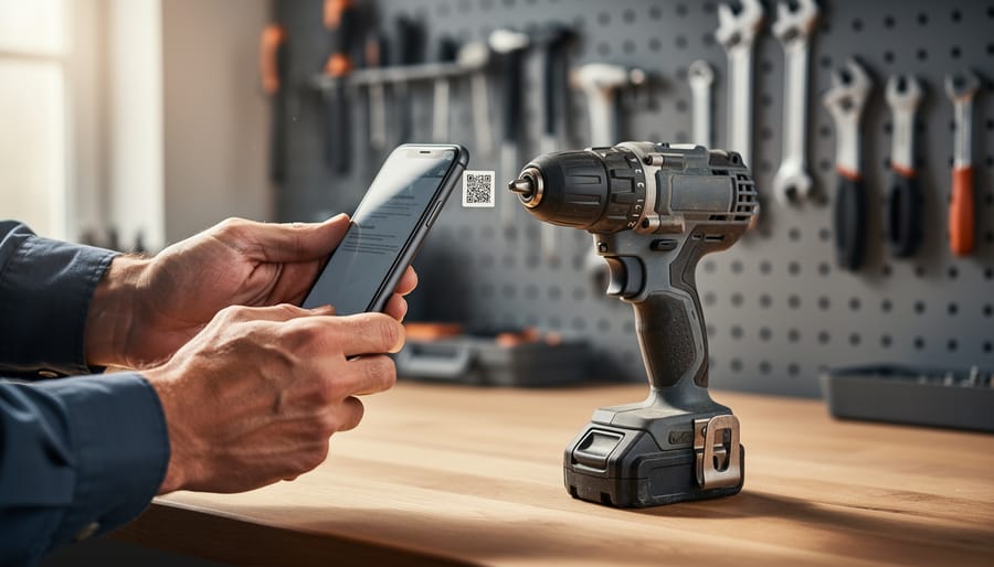 Close-up of hands aiming a smartphone at a cordless drill’s etched QR code tag in a workshop, with blurred pegboard tools in the background.