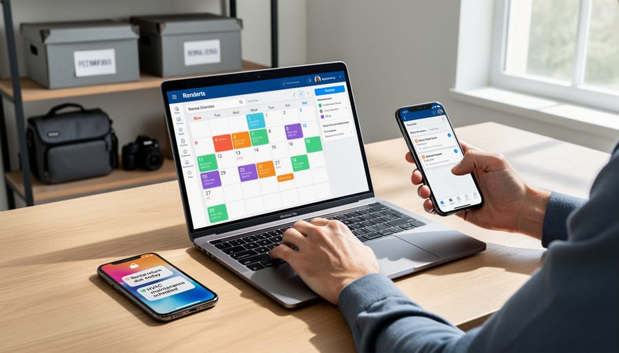 Contractor using smartphone calendar app to track tool rental dates and reminders