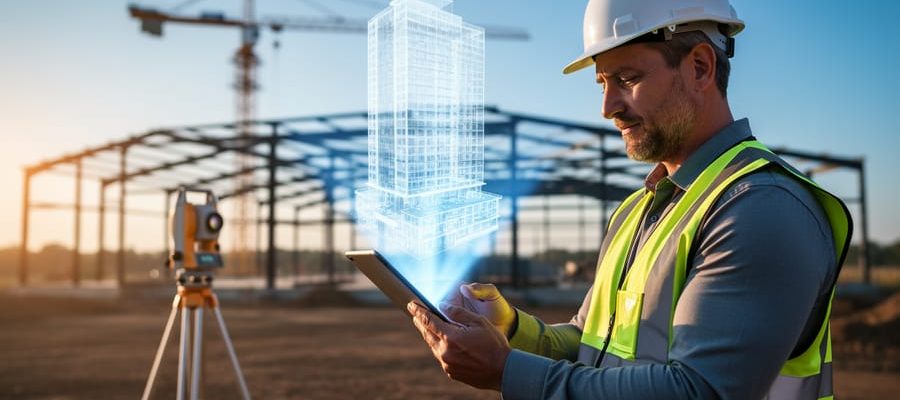 Construction manager in safety vest and hard hat holds a tablet showing a translucent 3D building model aligned over a jobsite, with golden-hour light, a crane, steel framework, and a laser scanner on a tripod softly blurred in the background, no visible text on screen.