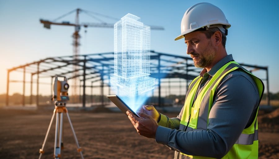Construction manager in safety vest and hard hat holds a tablet showing a translucent 3D building model aligned over a jobsite, with golden-hour light, a crane, steel framework, and a laser scanner on a tripod softly blurred in the background, no visible text on screen.