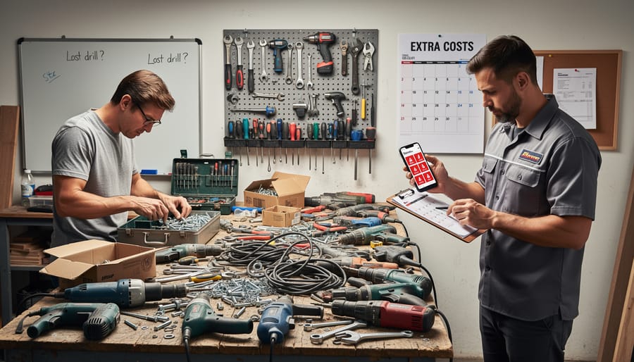 Disorganized power tools and equipment scattered on workshop floor with rental tags