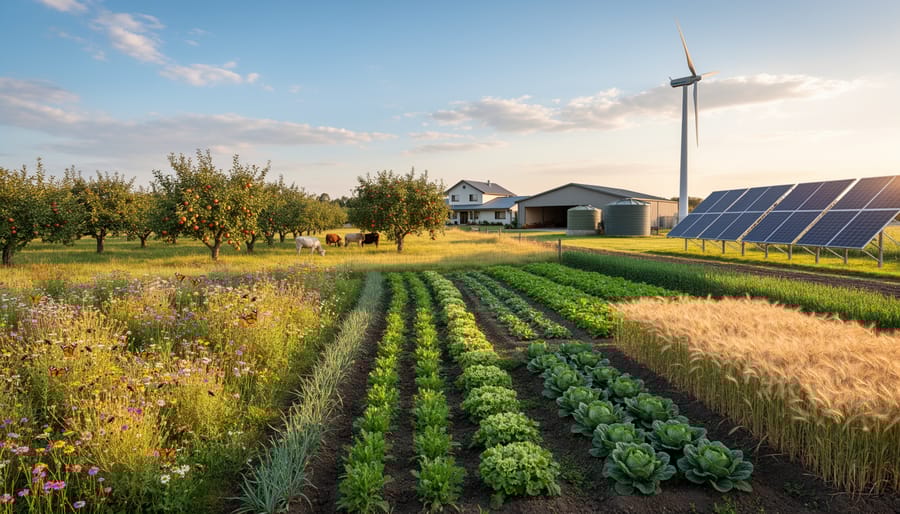 Overview of diverse sustainable farm showing multiple crop varieties, pollinator strips, and solar panels