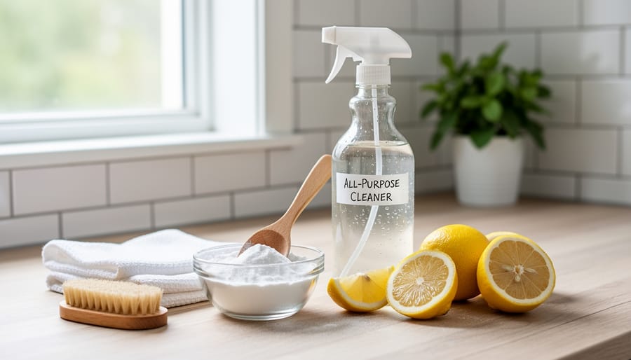 Overhead view of DIY cleaning ingredients including spray bottles, lemons, baking soda, and vinegar on marble counter