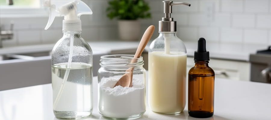 Unlabeled glass spray bottle with vinegar solution, open jar of baking soda with wooden spoon, castile soap dispenser, and amber essential oil dropper on a clean kitchen countertop, shot from a 45-degree angle with soft natural light; blurred white tile backsplash, sink, and potted plant in the background.
