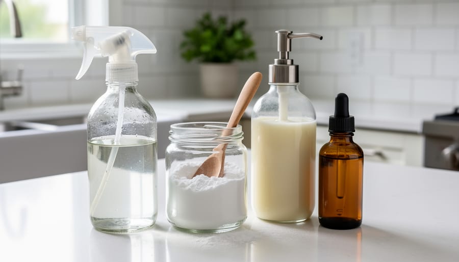 Unlabeled glass spray bottle with vinegar solution, open jar of baking soda with wooden spoon, castile soap dispenser, and amber essential oil dropper on a clean kitchen countertop, shot from a 45-degree angle with soft natural light; blurred white tile backsplash, sink, and potted plant in the background.
