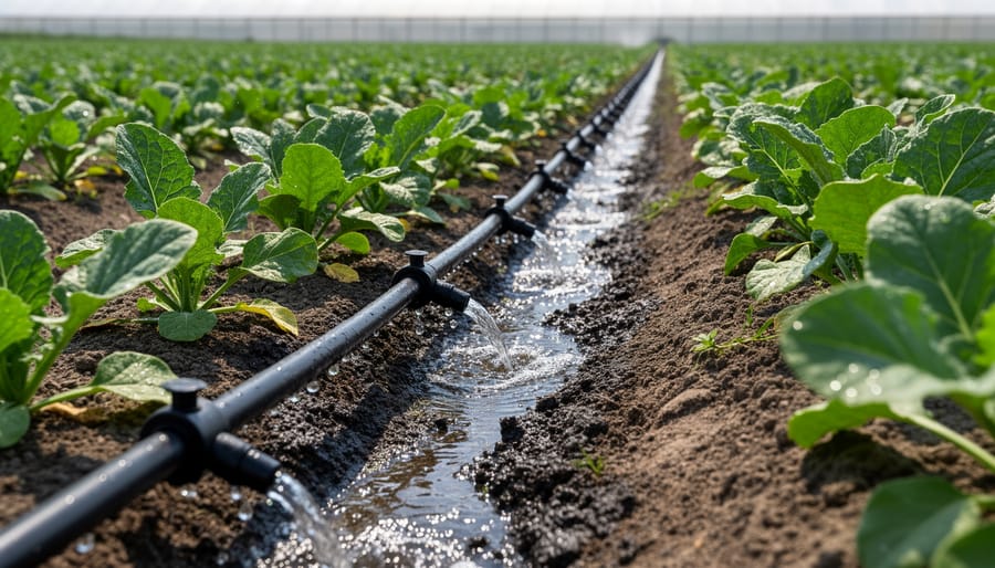 Drip irrigation system with water droplets along vegetable crop rows in sustainable farm