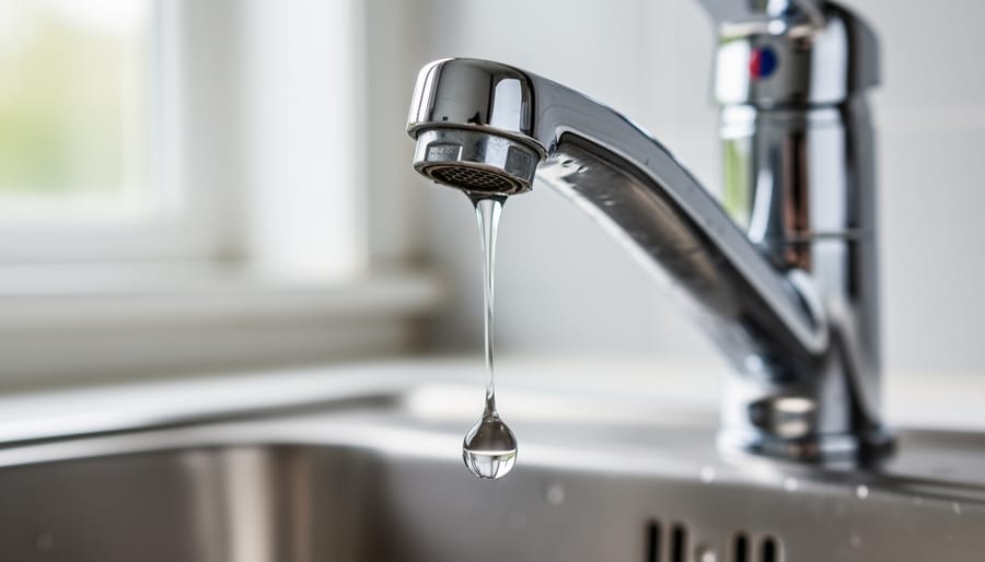 Close-up of water droplet forming at chrome faucet spout