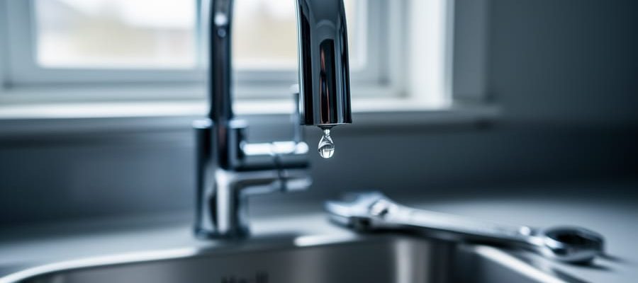 Close-up of a chrome kitchen faucet with a clear water droplet forming at the spout, stainless-steel sink below, and softly blurred under-sink pipes and wrench in the background under natural daylight.