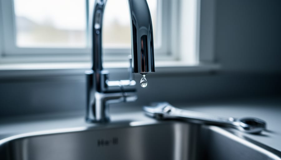 Close-up of a chrome kitchen faucet with a clear water droplet forming at the spout, stainless-steel sink below, and softly blurred under-sink pipes and wrench in the background under natural daylight.