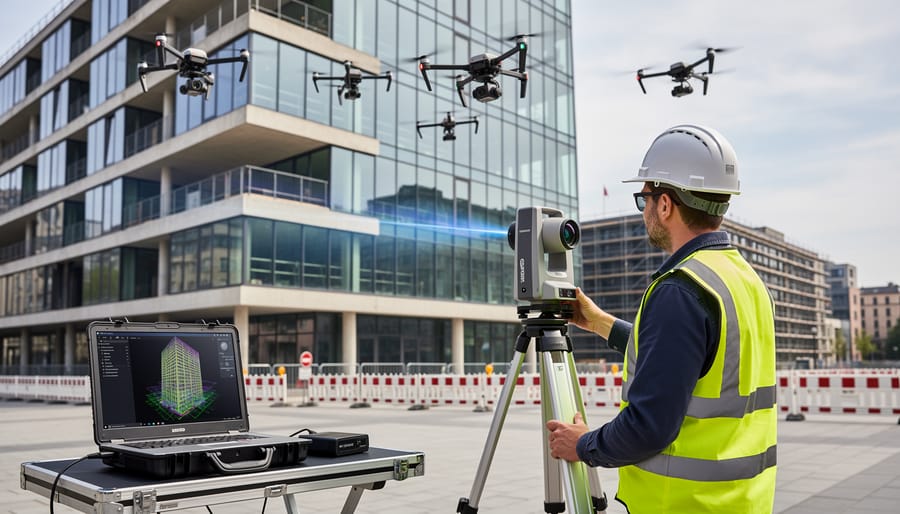 Drone equipped with laser scanning equipment hovering in commercial building interior