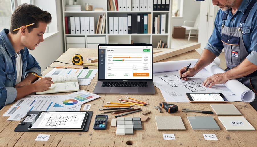 Organized workspace with laptop, planning tools, and construction estimating resources