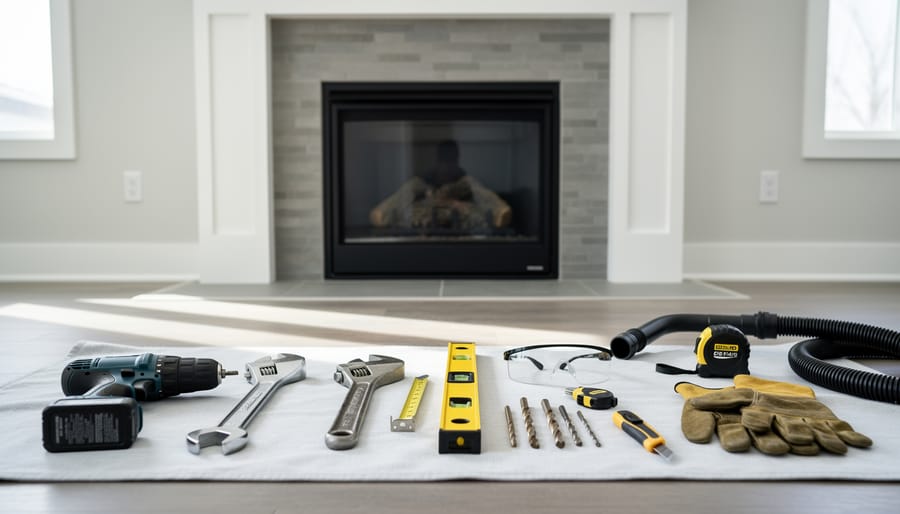 Essential tools for gas fireplace insert installation including wrenches, drill, level and safety equipment