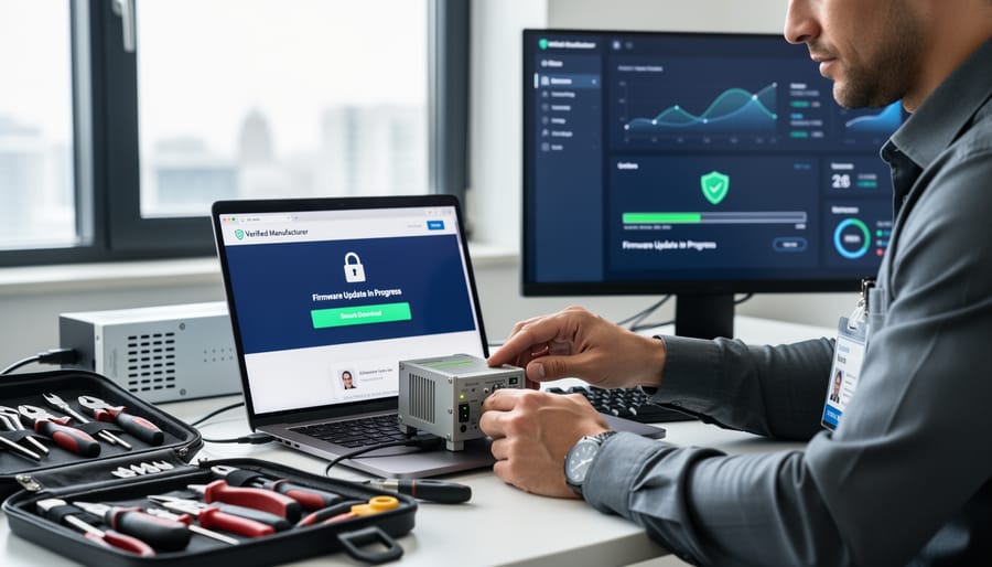 Technician updating smart tool firmware using tablet and secure USB connection