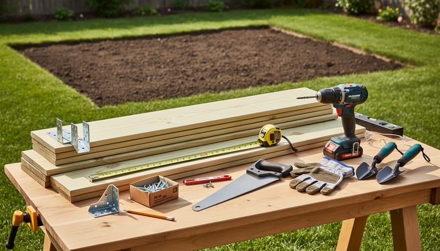 Cedar lumber, screws, measuring tape, and construction tools laid out on workbench