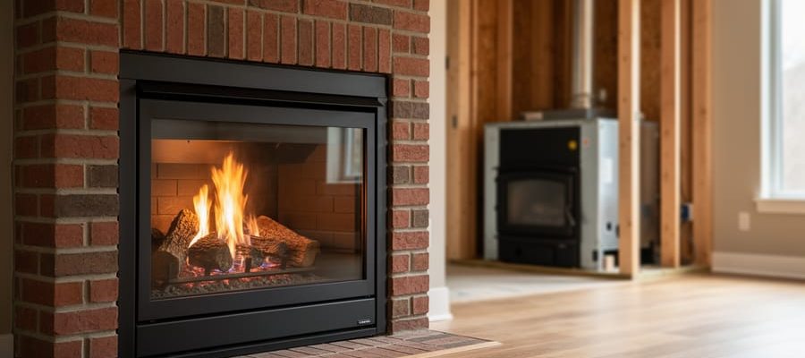 Gas fireplace insert burning inside a brick masonry fireplace in a finished living room, with a partially framed wall in the background showing a factory-built zero-clearance fireplace under installation.
