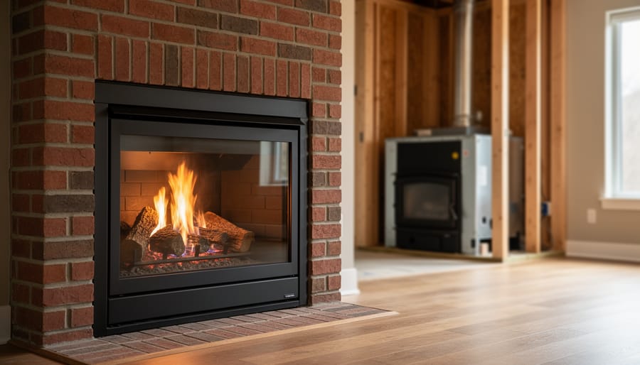 Gas fireplace insert burning inside a brick masonry fireplace in a finished living room, with a partially framed wall in the background showing a factory-built zero-clearance fireplace under installation.