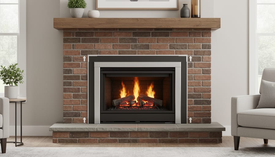 Gas fireplace insert with visible flames installed in brick fireplace opening